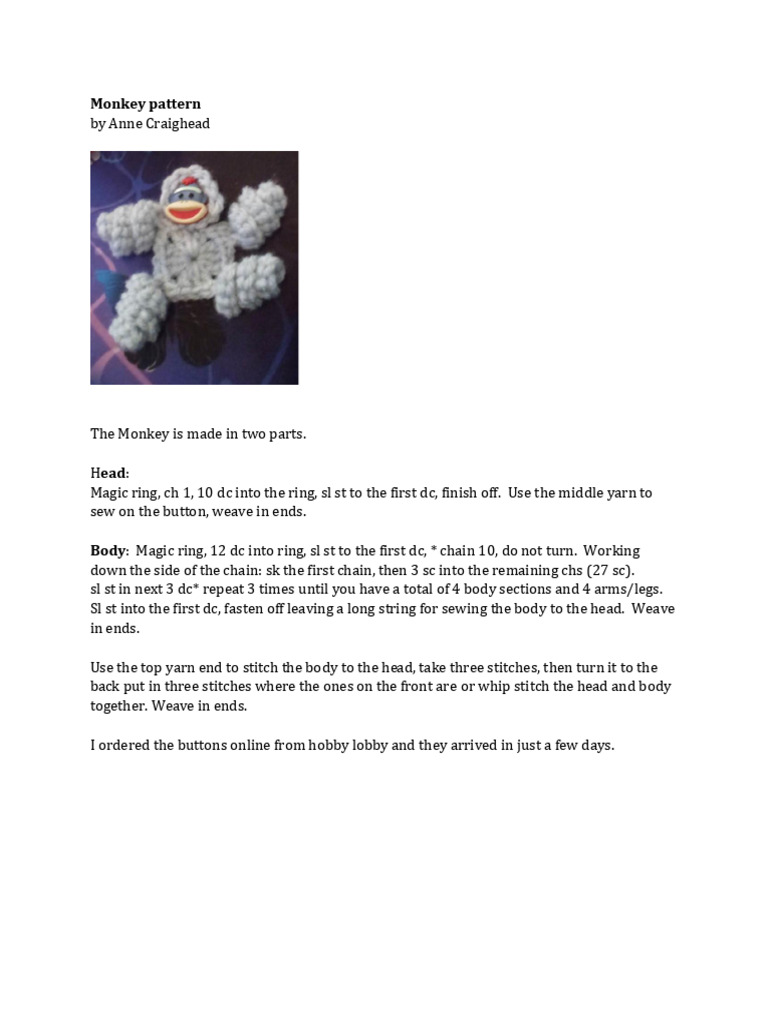 Crochet Monkey Pattern Instructions | PDF