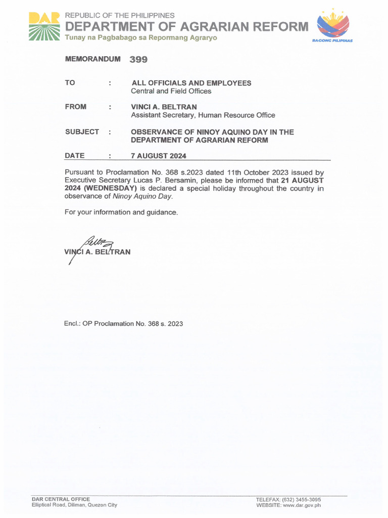 Memo 399 S2024 Observance of Ninoy Aquino Day in The Department of ...