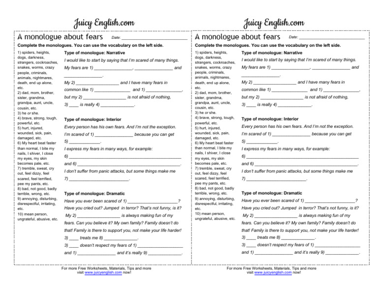 Monologue Templates on Fears and Relationships | PDF