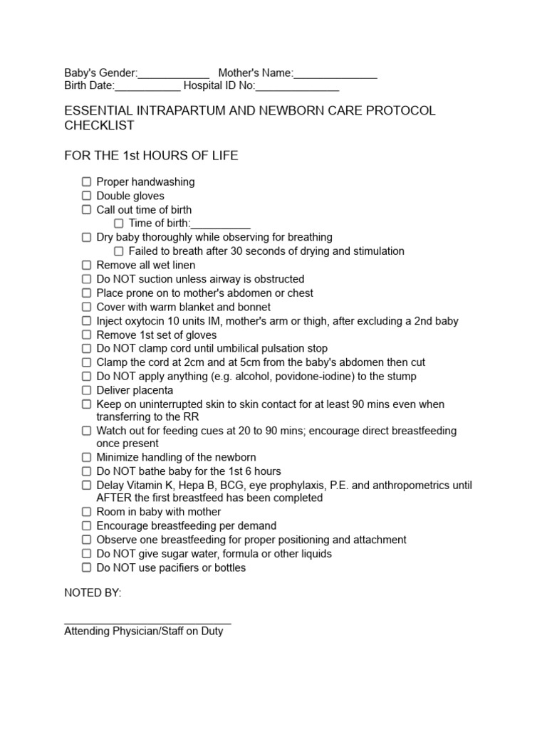 Newborn Care Protocol Checklist | PDF