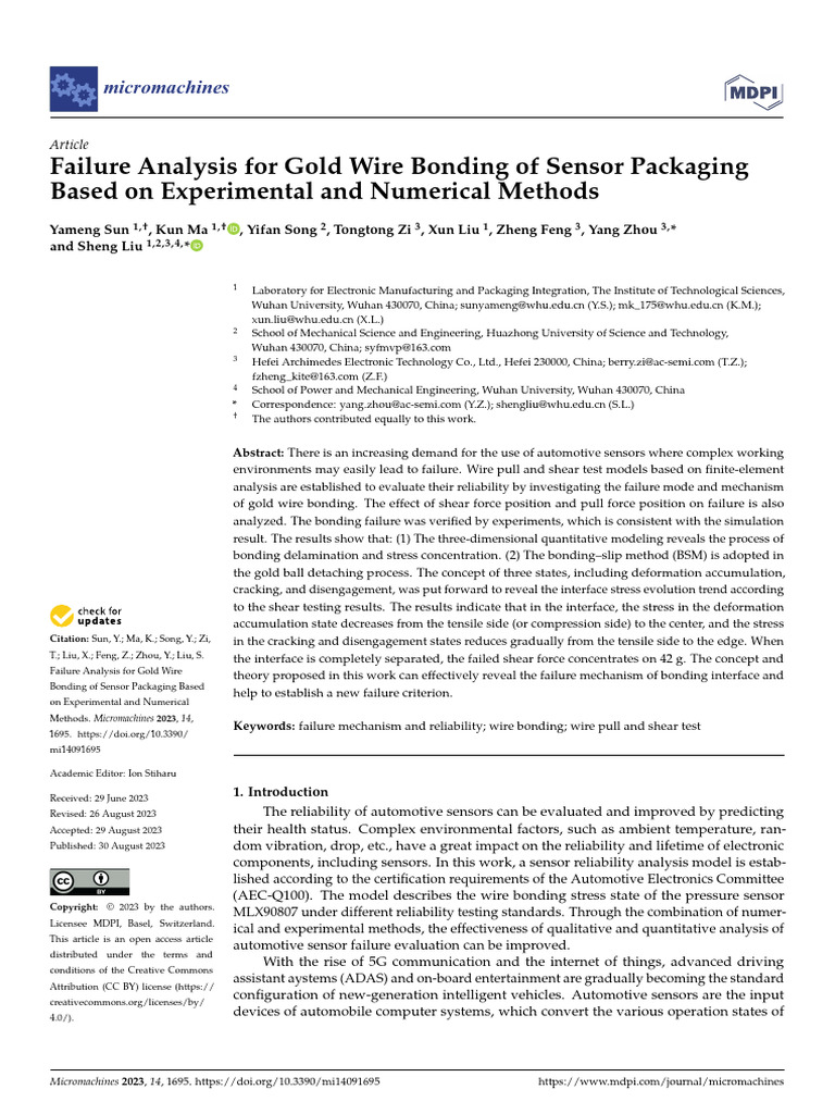 Failure analysis for gold wire bonding of sensor packaging based on