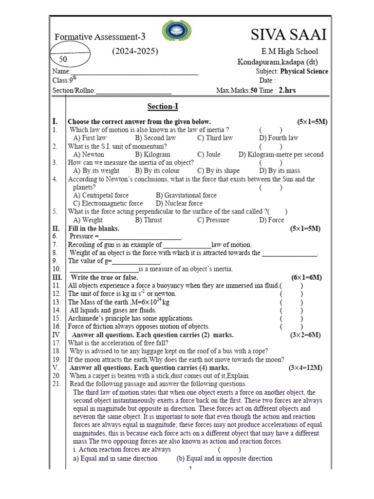 9th Grade Physical Science Assessment | PDF | Force | Weight