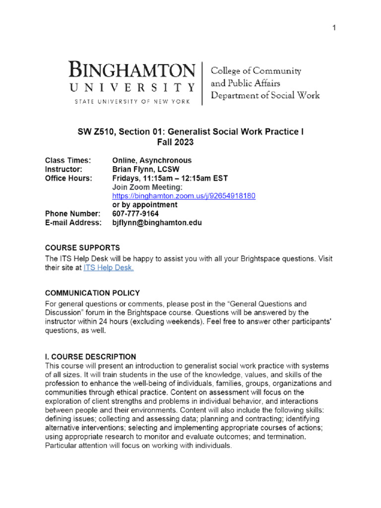 Syllabus - Overview - Fall 2023 Generalist Soc Work Prac 1 (SW-Z510-01 ...