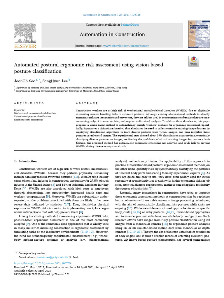Vision-Based Ergonomic Risk Assessment | PDF