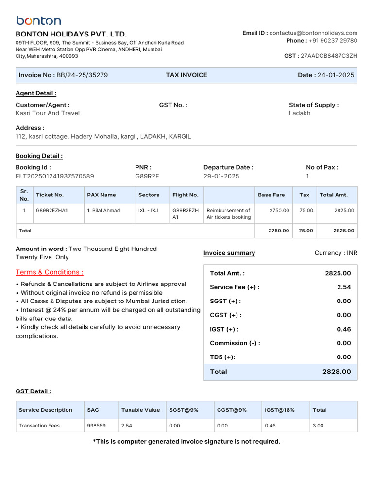 Bonton Holidays Tax Invoice Details | PDF | Value Added Tax | Invoice