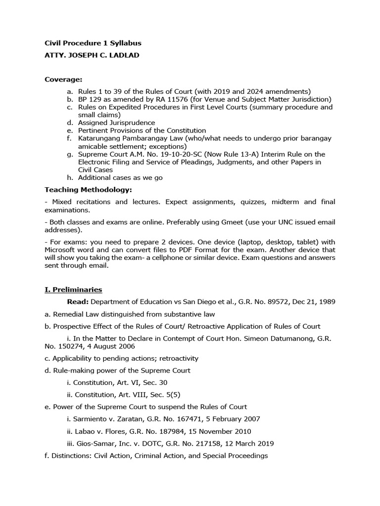 Civil procedure 1 syllabus 2024 2025 pdf subpoena duces tecum lawsuit