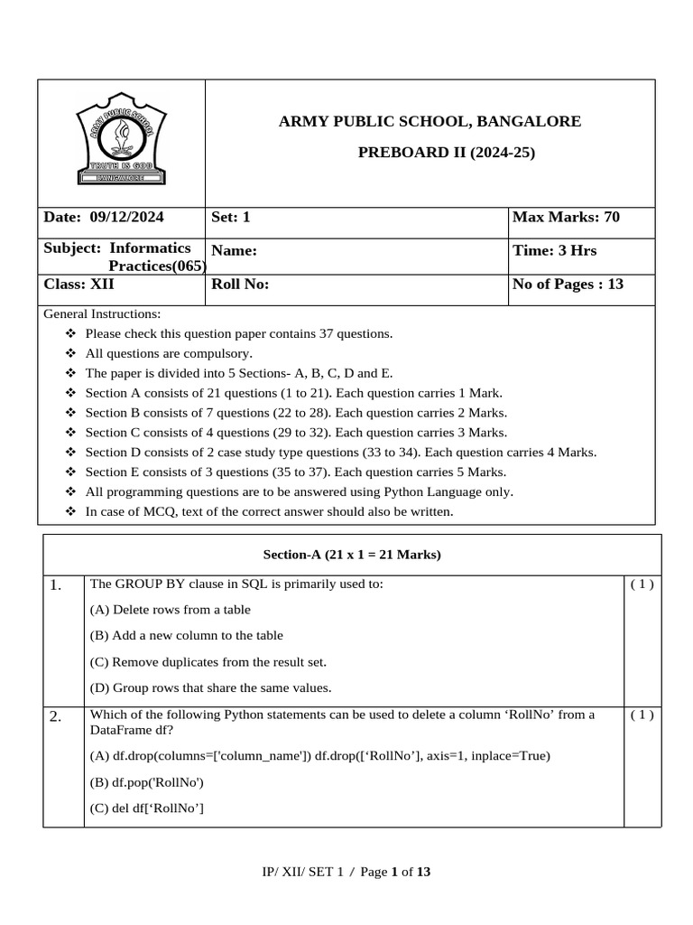 Class Xii Info Set 1 | PDF | Sql | Table (Database)