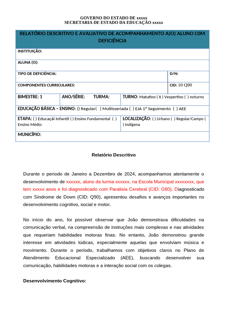 Relatório de Aluno com Síndrome de Down | PDF | Comunicação
