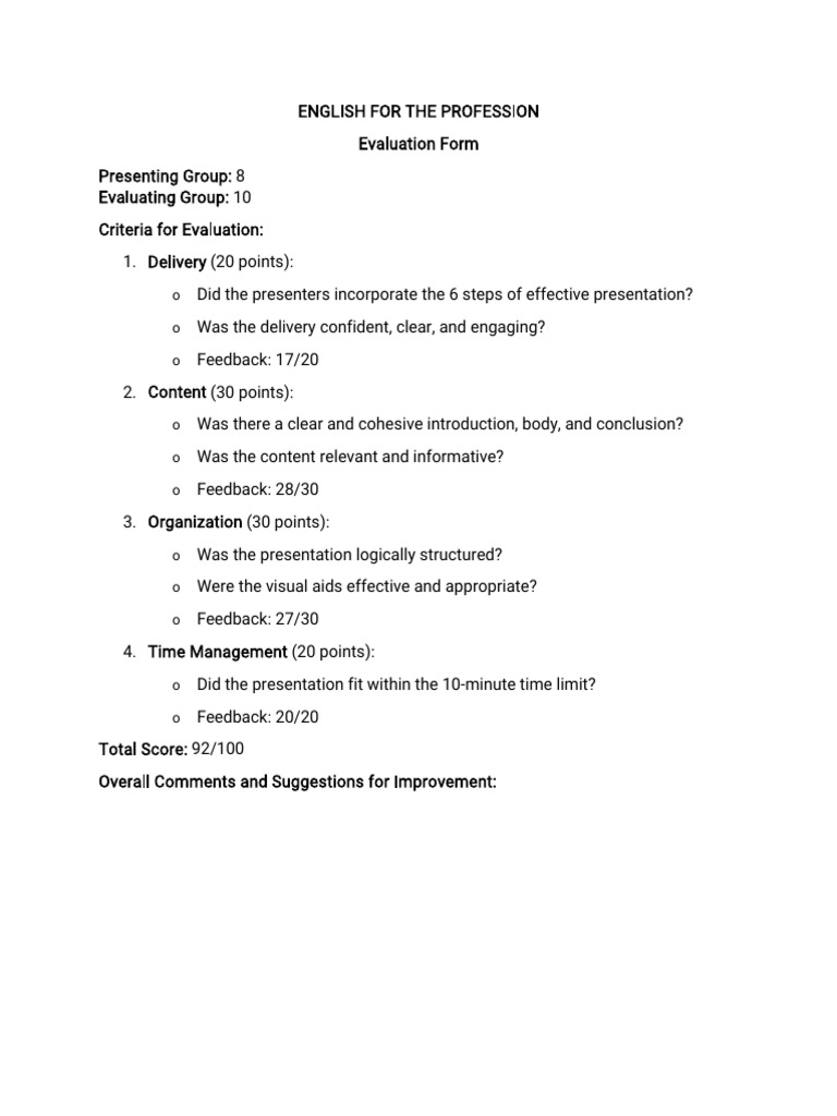 Effective Presentation Skills Evaluation Form | PDF