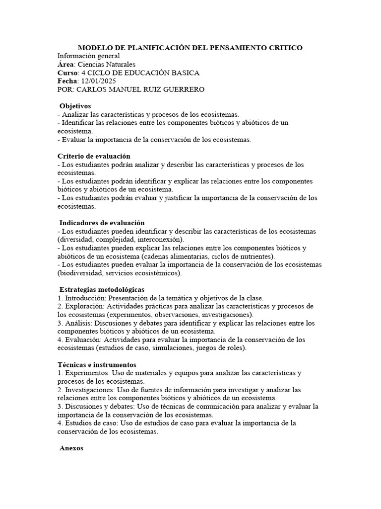 Planificación del Pensamiento Crítico en Ecosistemas | PDF | Caso de ...