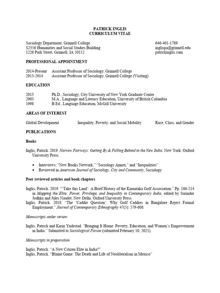 Patrick+Inglis+CV+(Spring+2021) | PDF | Liberal Arts Education