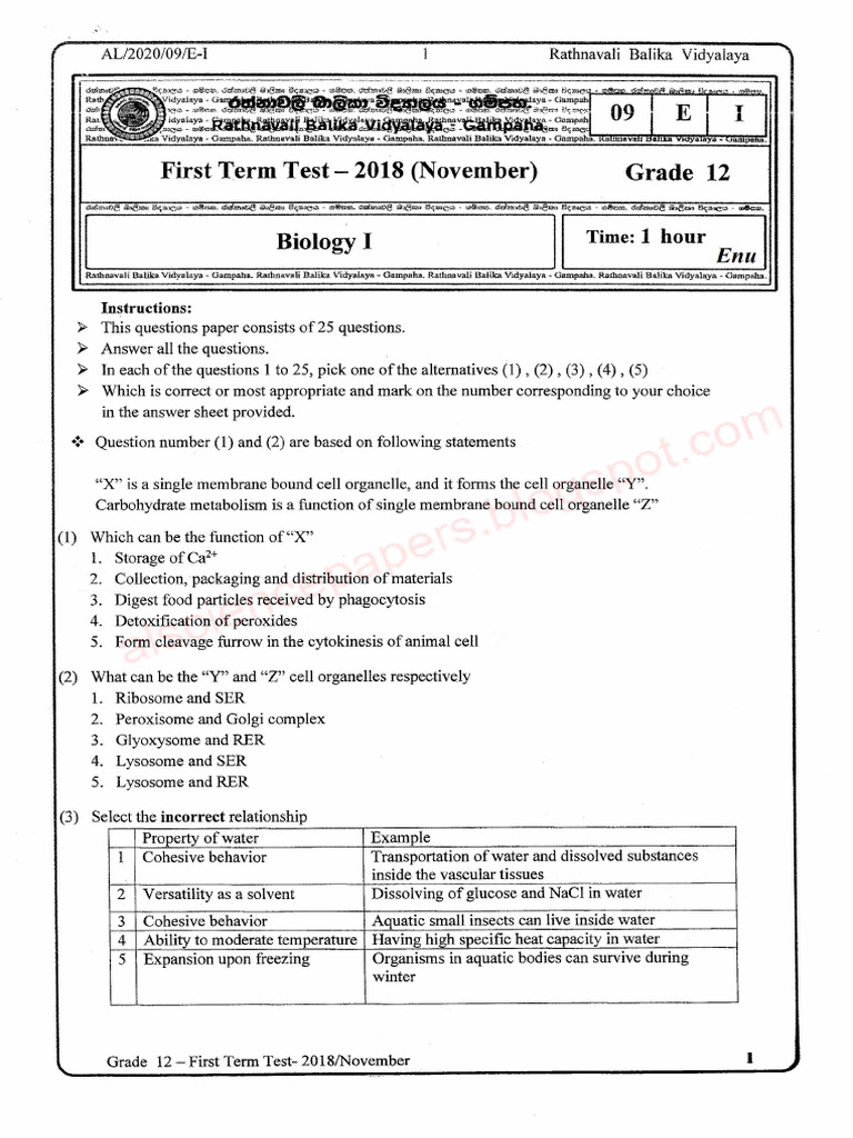 Rathnavali Balika College Biology 1st Term Test Paper 2018 Grade 12 | PDF