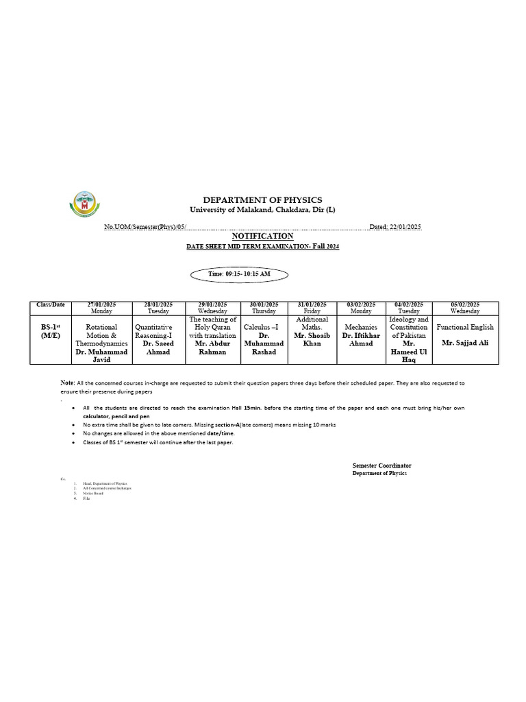 Physics Exam Schedule 2024 | PDF