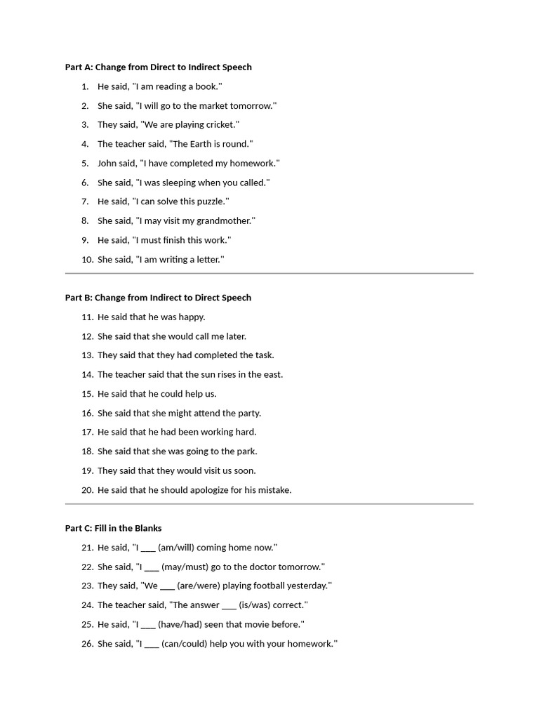Direct and Indirect Speech Practice | PDF | Syntax | Grammar