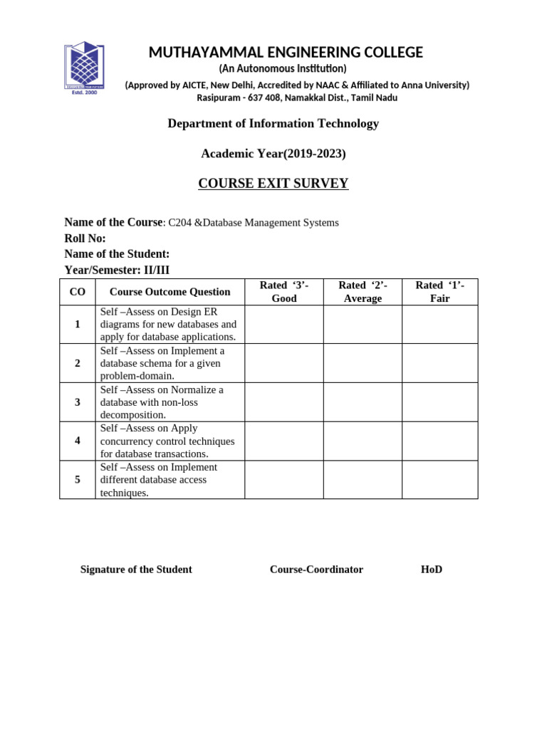 Course Exit Survey for Database Systems | PDF