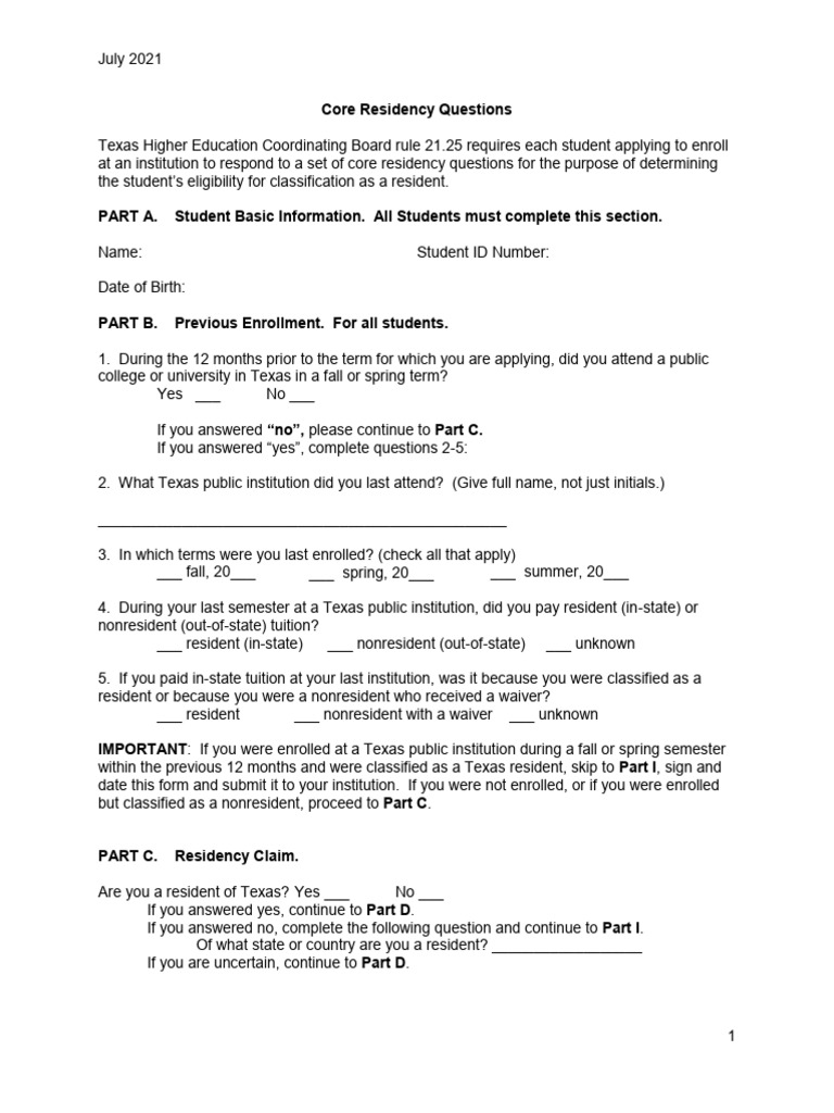 Texas Residency Application Form | PDF