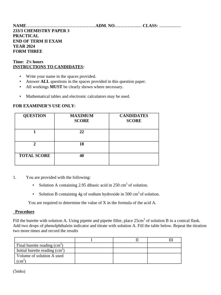 Form Three Chemistry Practical Exam | PDF | Titration | Chemistry