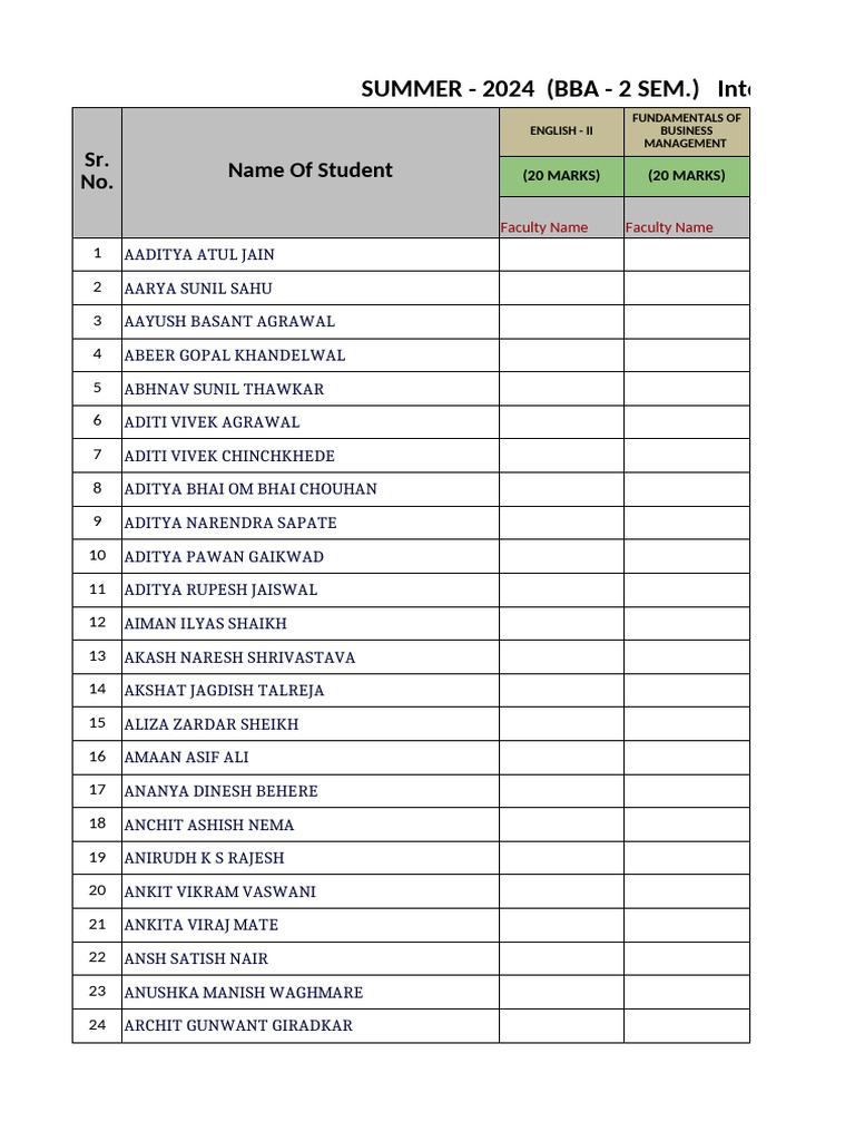 BBA Internal Marks List 2024 | PDF