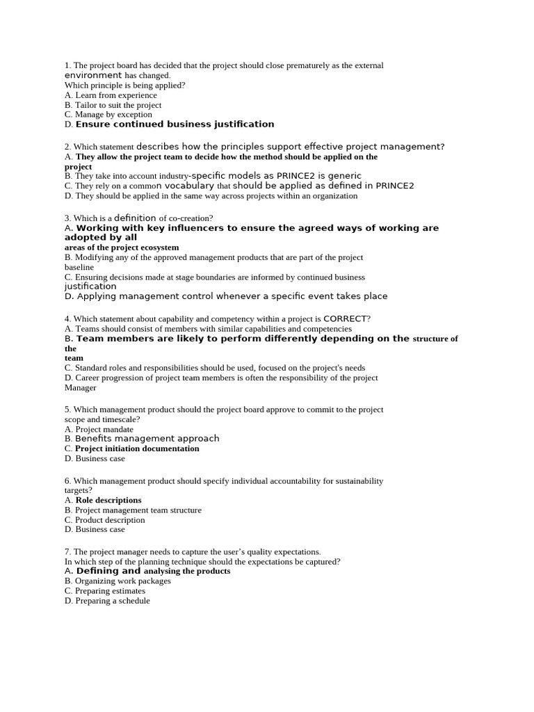 PRINCE2 Project Management Principles Quiz | PDF | Risk | Project ...