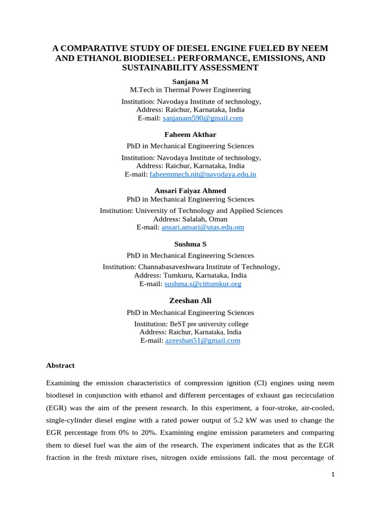 A Comparative Study of Diesel Engine Fueled by Neem and Ethanol ...