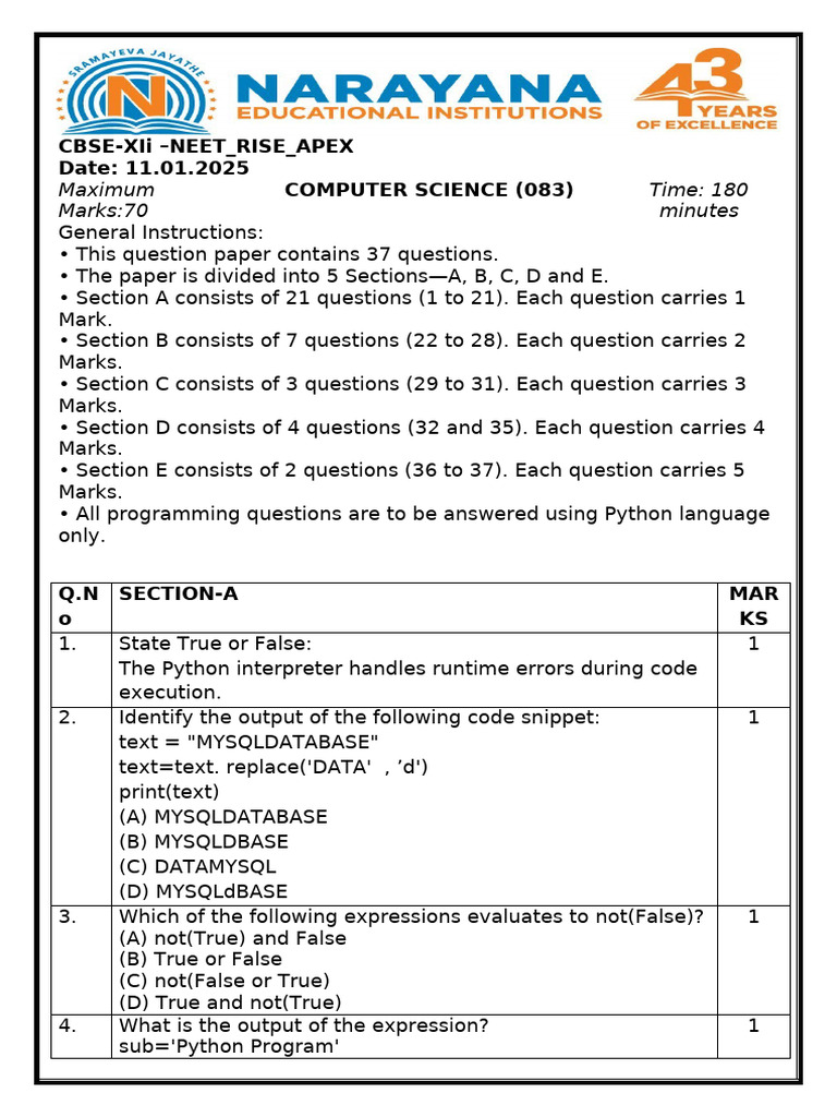 CBSE XII NEET Computer Science Exam Paper | PDF | Computer Programming ...