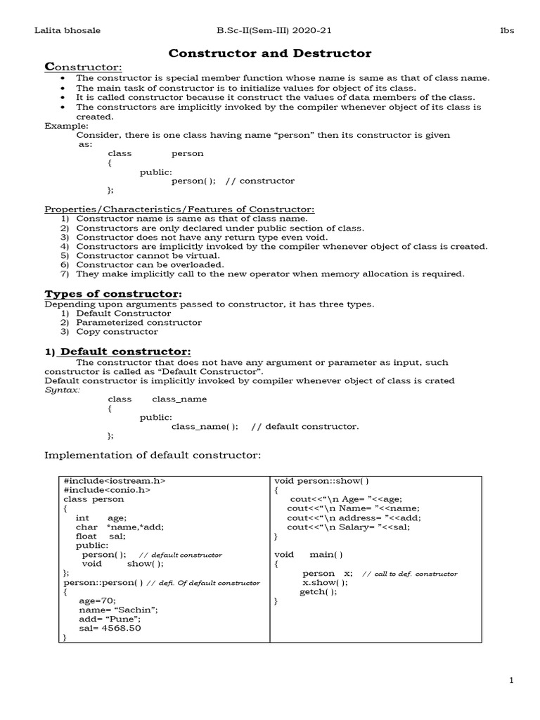 04 Constructor and Destructor 20-21 | PDF | Constructor (Object ...