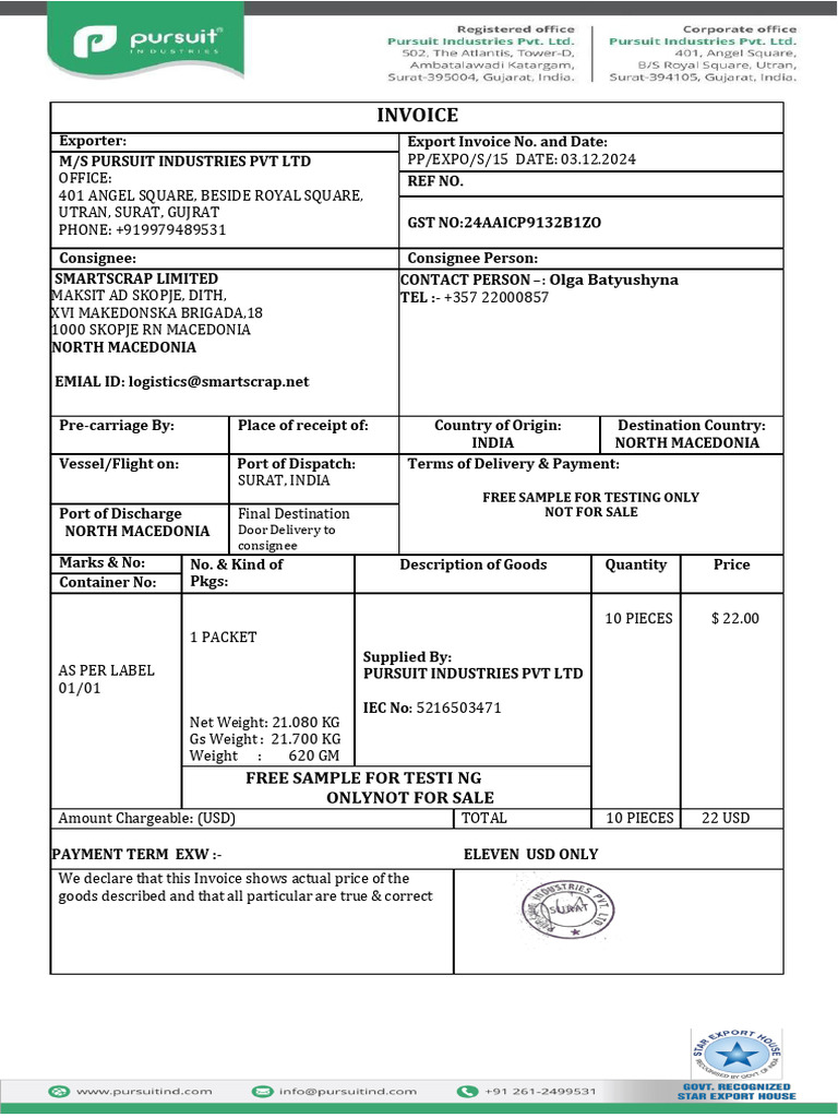 Export Invoice for Free Sample Testing | PDF
