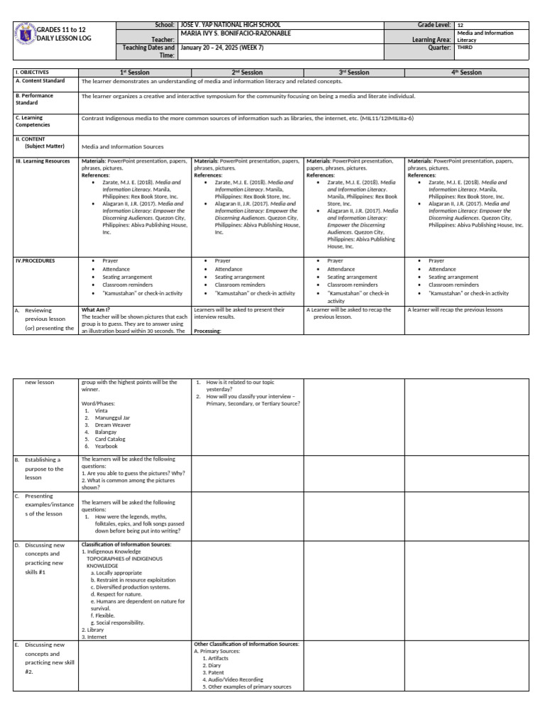 Grade 12 Media Literacy Lesson Plan | PDF | Information | Information ...