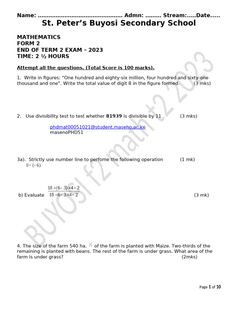 Form 2 Mathematics Exam Paper 2023 | PDF | Triangle | Area