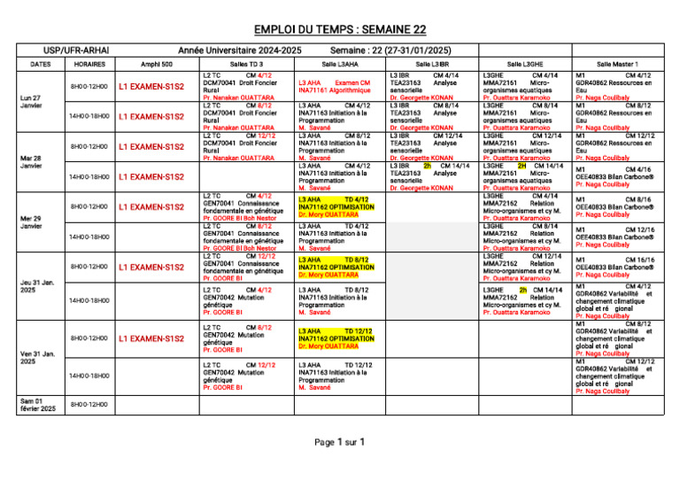Emploi Du Temps 2024-2025 Semaine Du 27 Jan | PDF