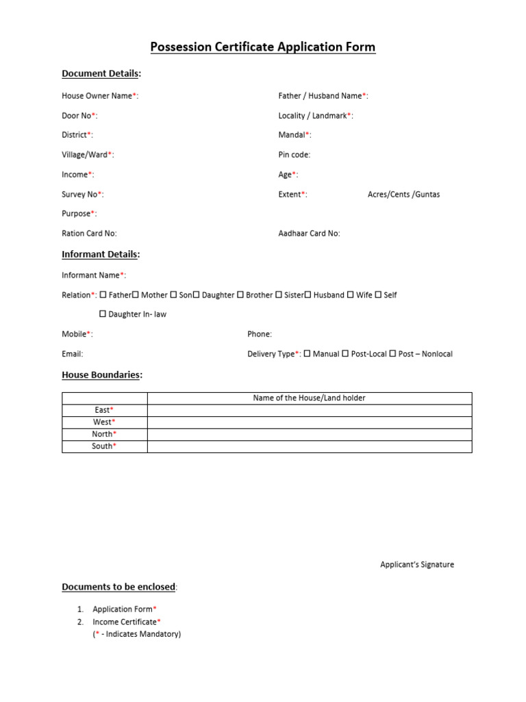 Possession Certificate Application Form | PDF