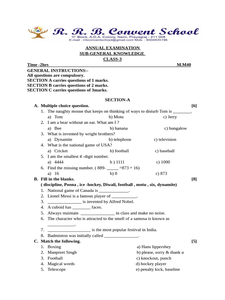 Class 3 General Knowledge Exam Paper | PDF