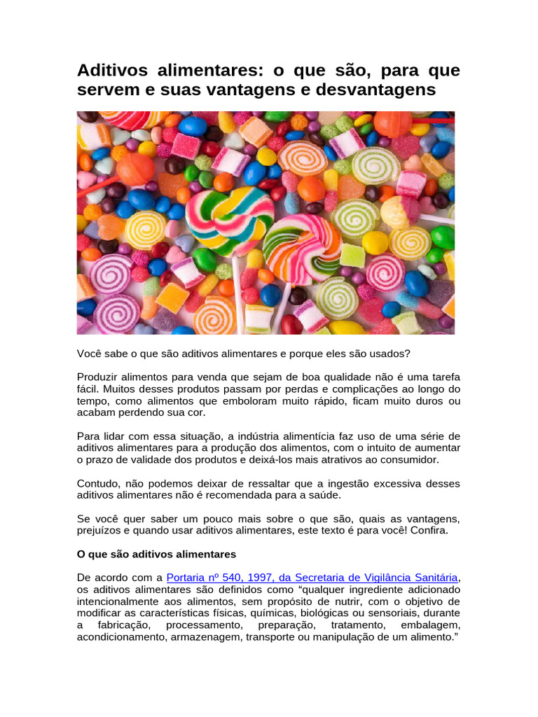 Aditivos Alimentares: Tipos e Efeitos | PDF | Química