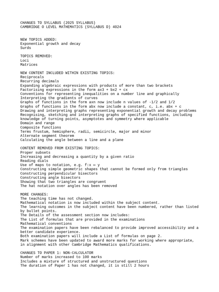 Cambridge O Level Math 4024 Syllabus 2025 Changes Pdf