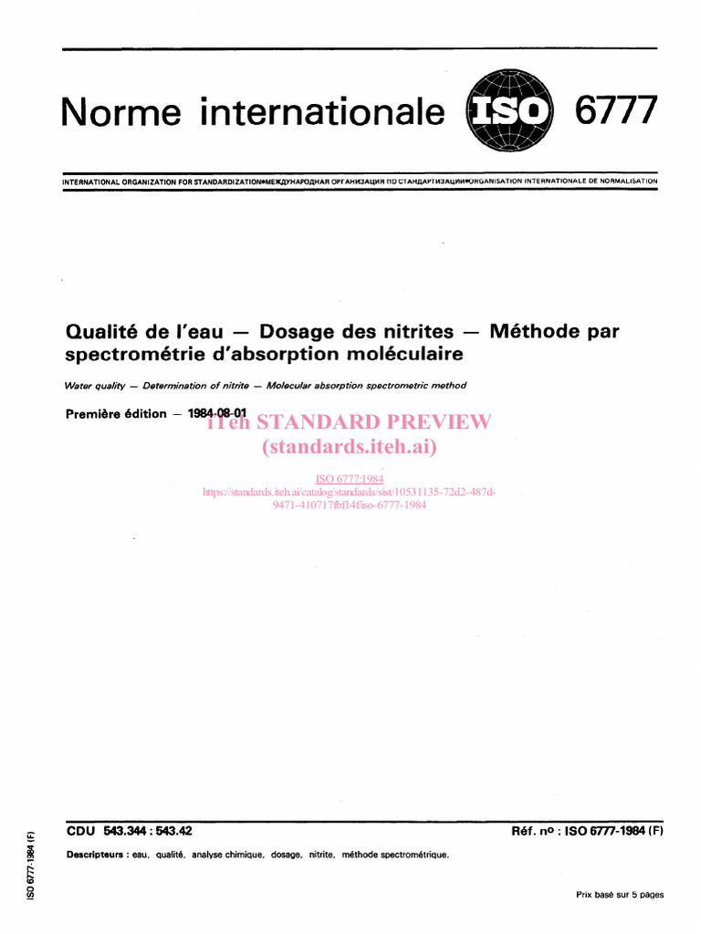 Dosage des nitrites en eau - ISO 6777 | PDF | Organisation ...