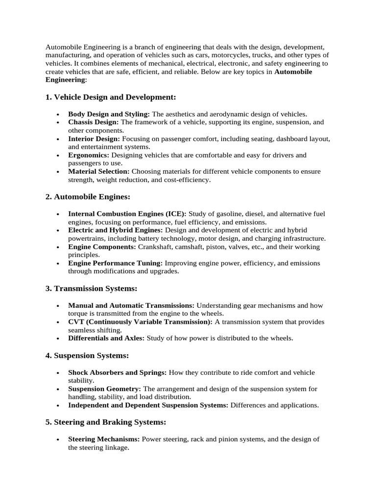 Automobile Engineering Is A Branch of Engineering That Deals With The ...
