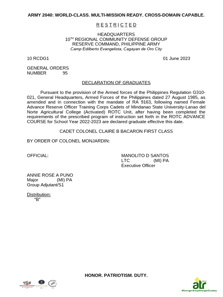 Philippine Army ROTC Graduation Orders | PDF | Reserve Officers ...