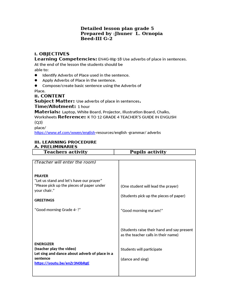 Grade 5 Lesson Plan: Adverbs of Place | PDF
