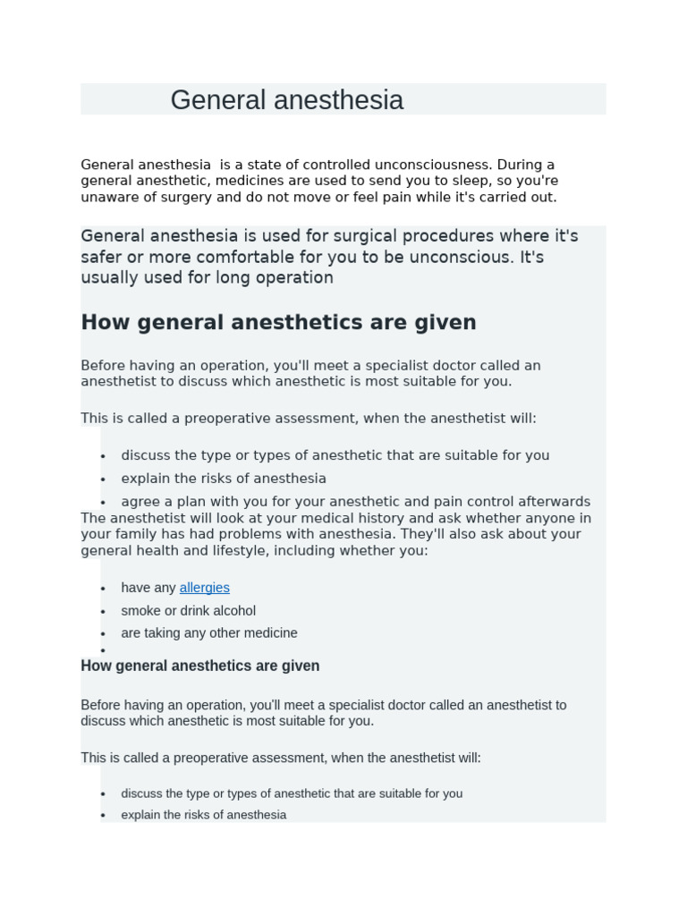 Understanding General Anesthesia Risks | PDF | Anesthesia | Surgery