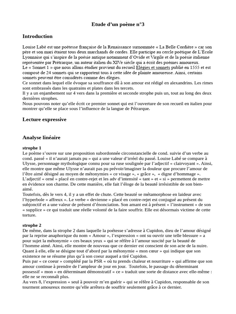 Analyse du Sonnet 1 de Louise Labé | PDF | Sonnets