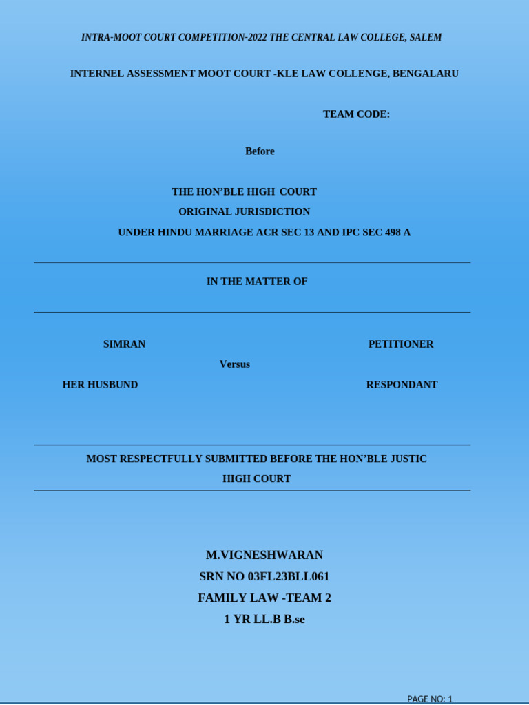 M.vigneshwaran 061 Moot | PDF | Marriage | Divorce