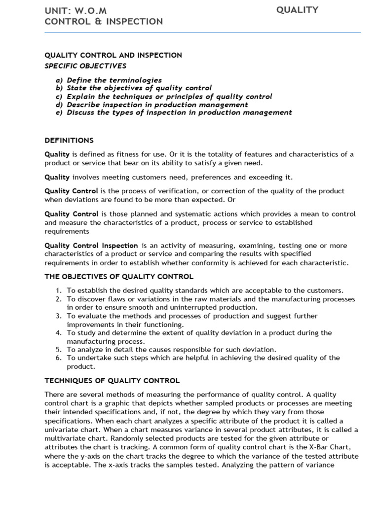 Quality Control and Inspection Objectives | PDF | Sampling (Statistics)
