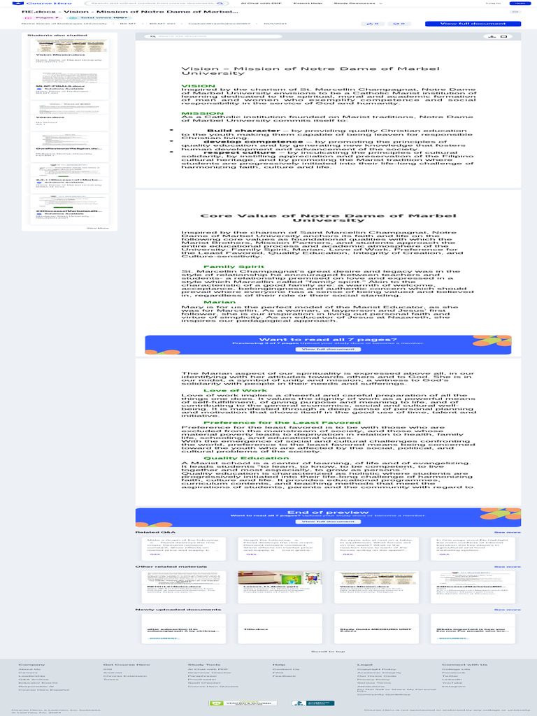 Vision: Vision - Mission of Notre Dame of Marbel University | PDF | Love