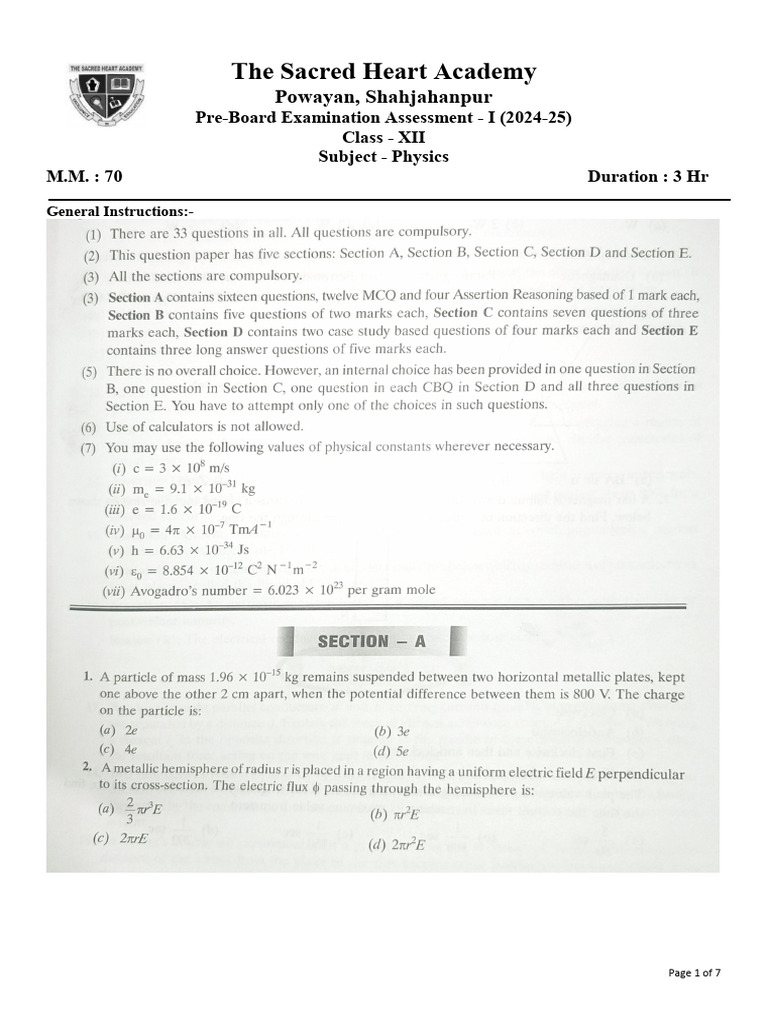Class XII Physics Pre-Board Exam 2024-25 | PDF