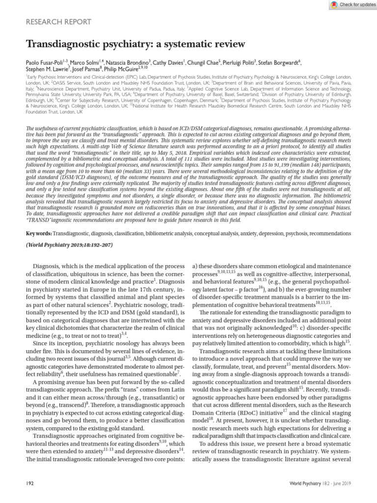 World Psychiatry - 2019 - Fusar Poli - Transdiagnostic Psychiatry A ...