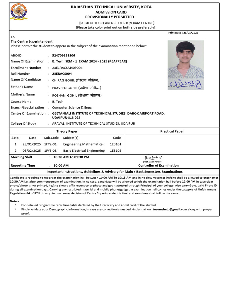 RTU B.Tech SEM-1 Exam Admission Card | PDF