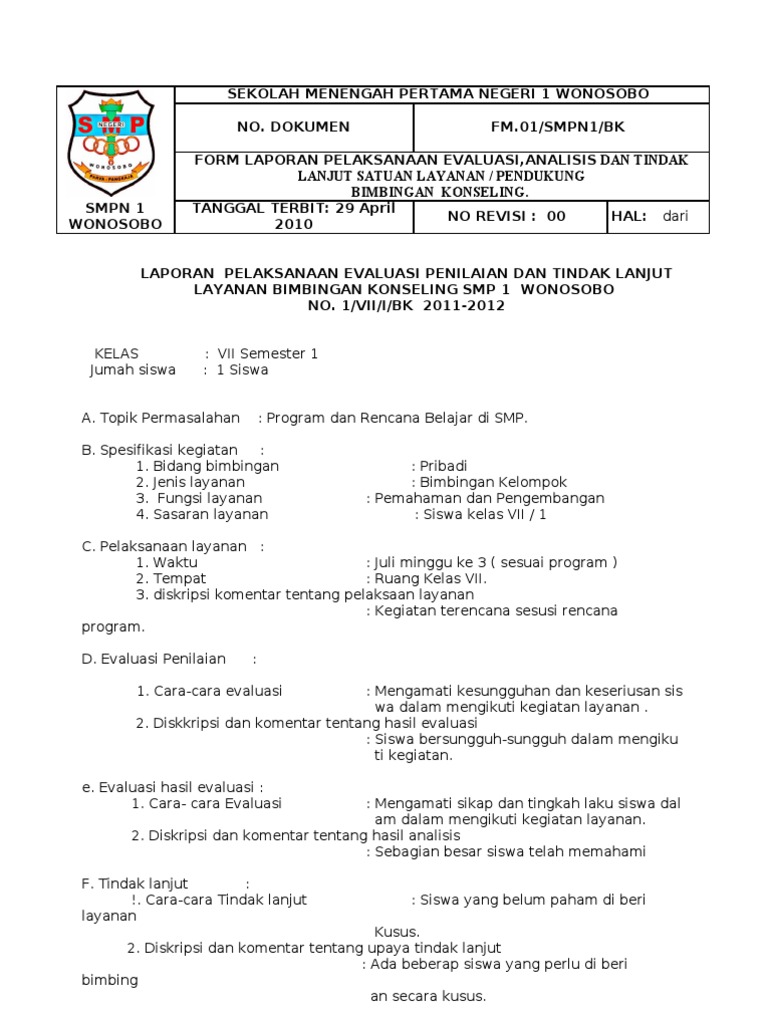 Laporan Pelaksanaan Evaluasi Penilaian Dan Tindak Lanjut Layanan Bimbingan Konseling Dan Smp 1 Wonosobo