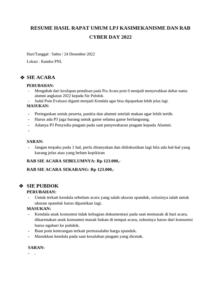 Resume Hasil Rapat Umum Lpj Mekanisme Dan Rab Cyber Day 2022 | PDF