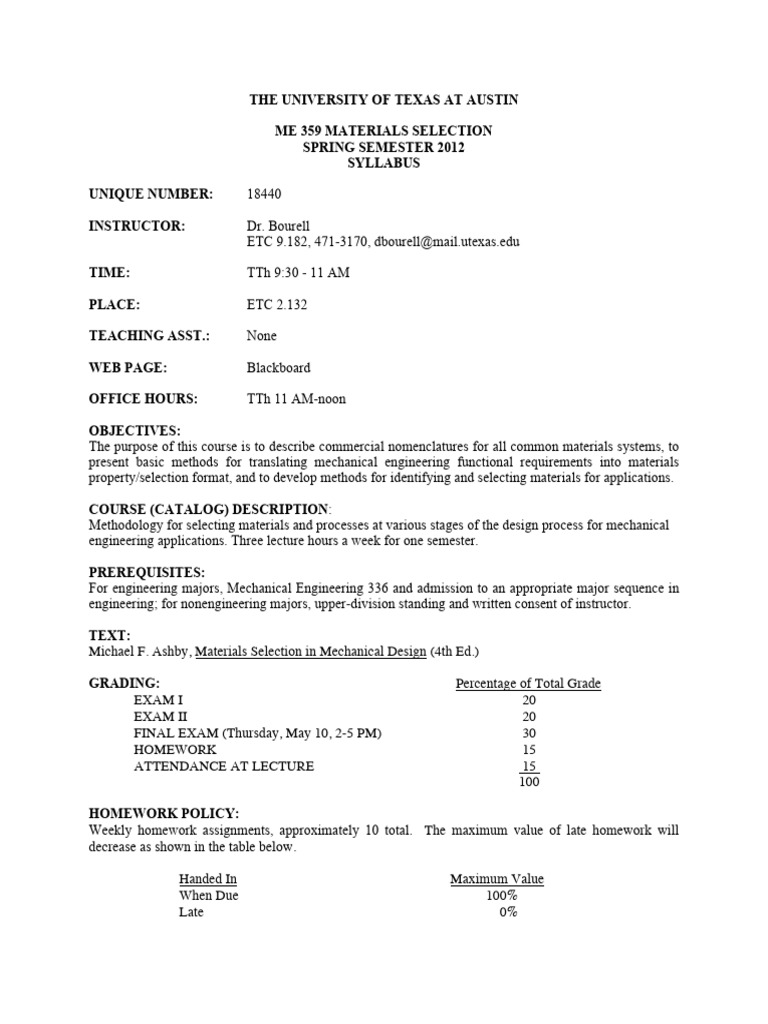 ME 359 Materials Selection Syllabus | PDF | Engineering | Mechanical ...
