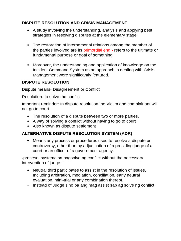 Firs Topic Dispute Resolution and Crisis Management | PDF | Dispute ...